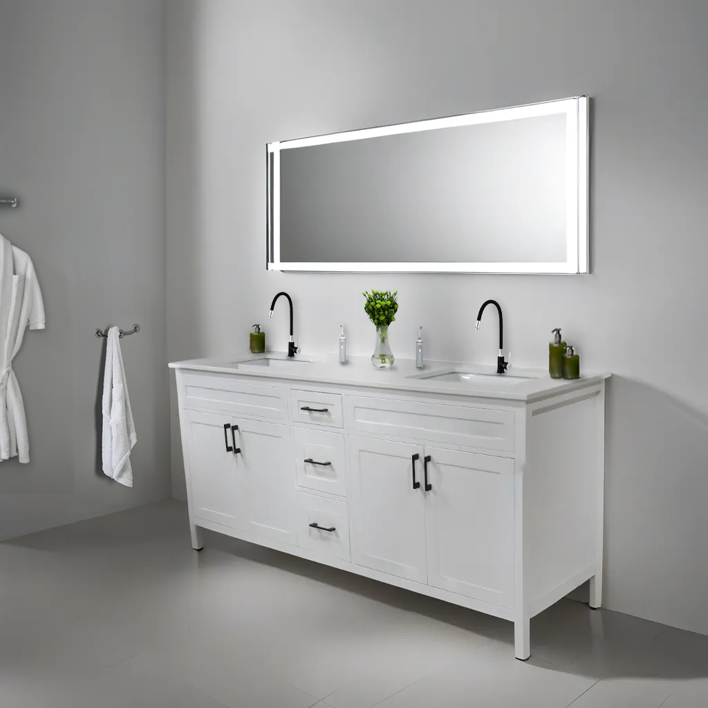 72" Snow White color wooden bathroom cabinet vanity shaker style with Quartz top double sink