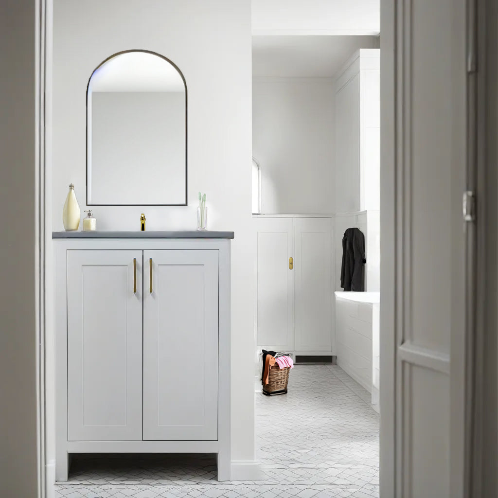 24" White shaker style wood vanity with Quartz top for bathroom made in Canada