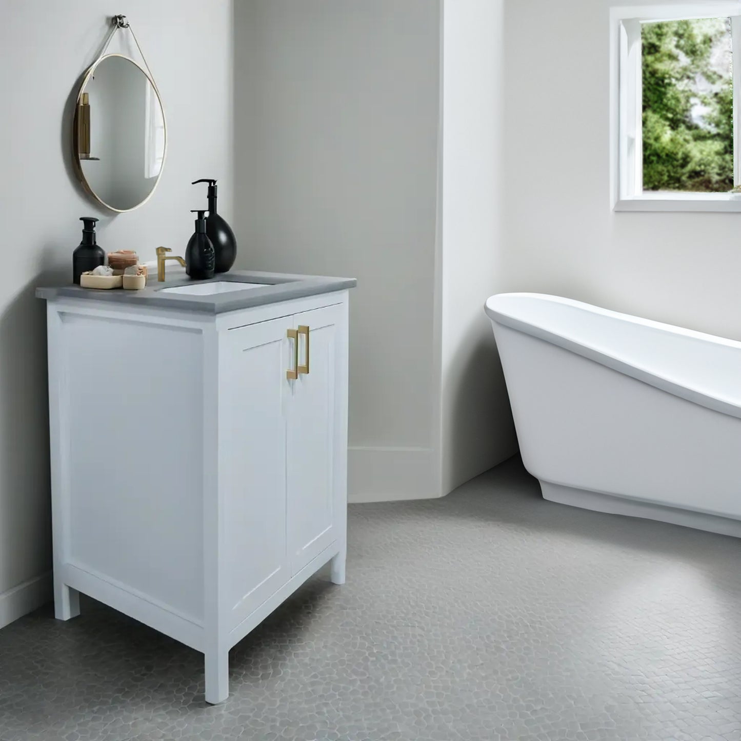 24" White shaker style wood vanity with Quartz top for bathroom made in Canada