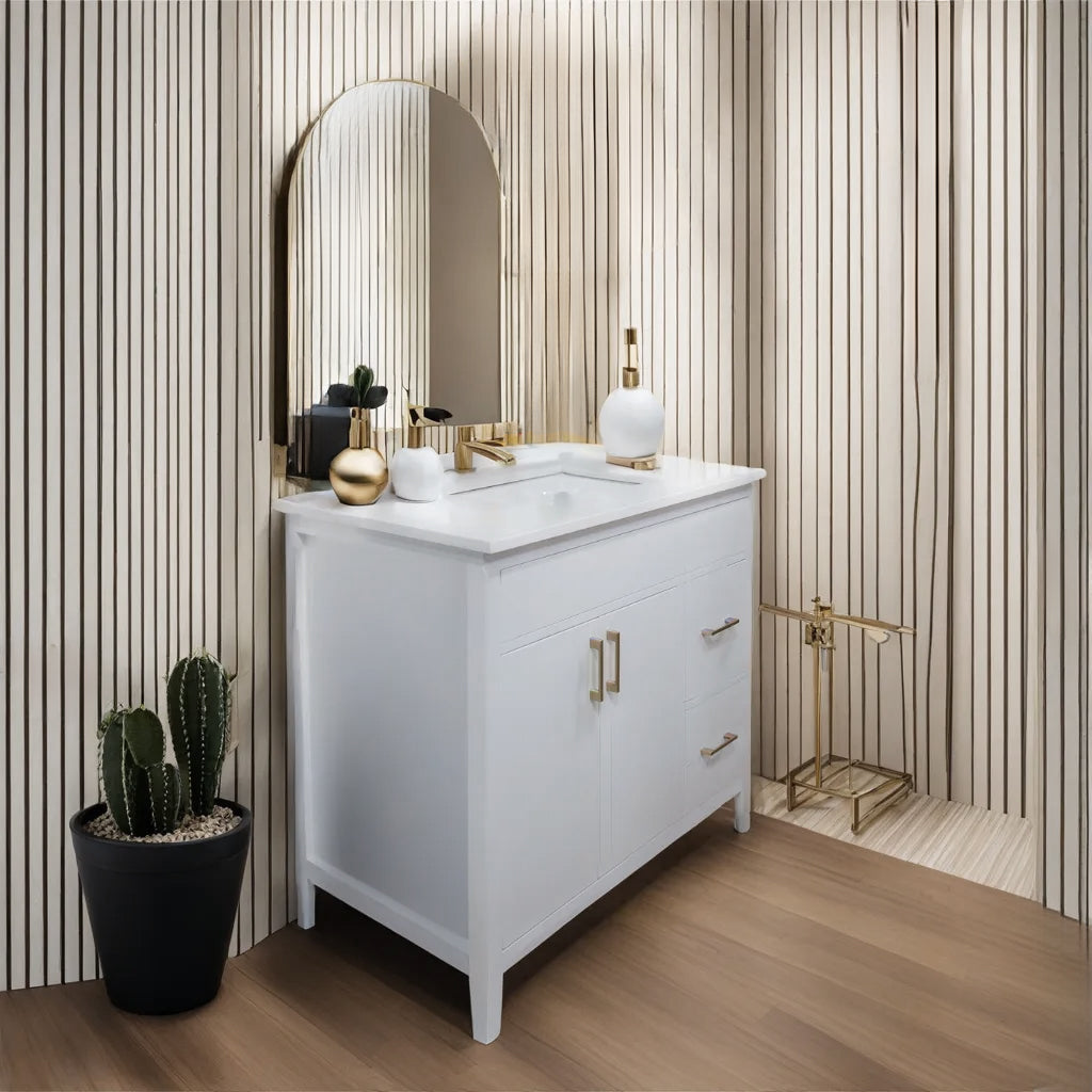 36" Mirea Style White Wooden Vanity with Quartz