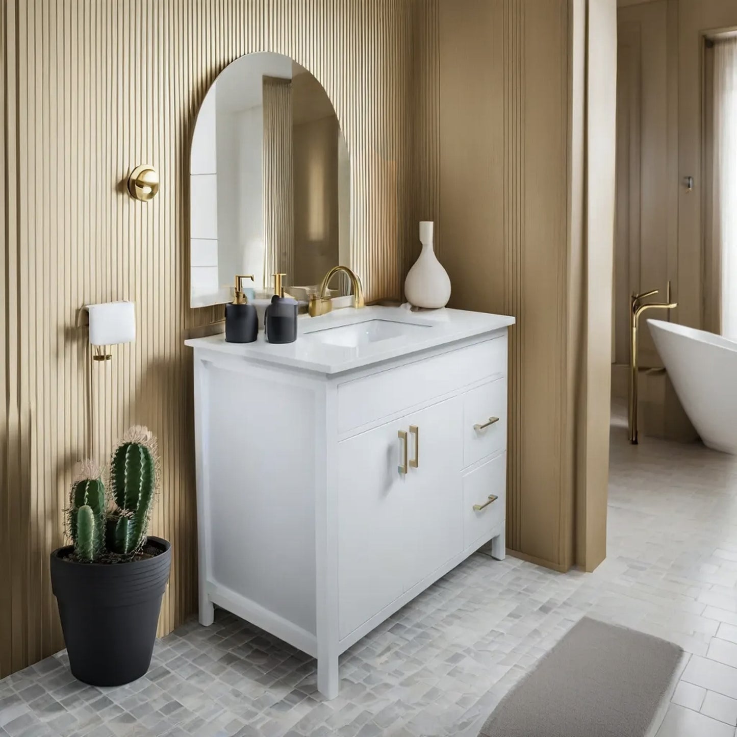 36" Mirea Style White Wooden Vanity with Quartz