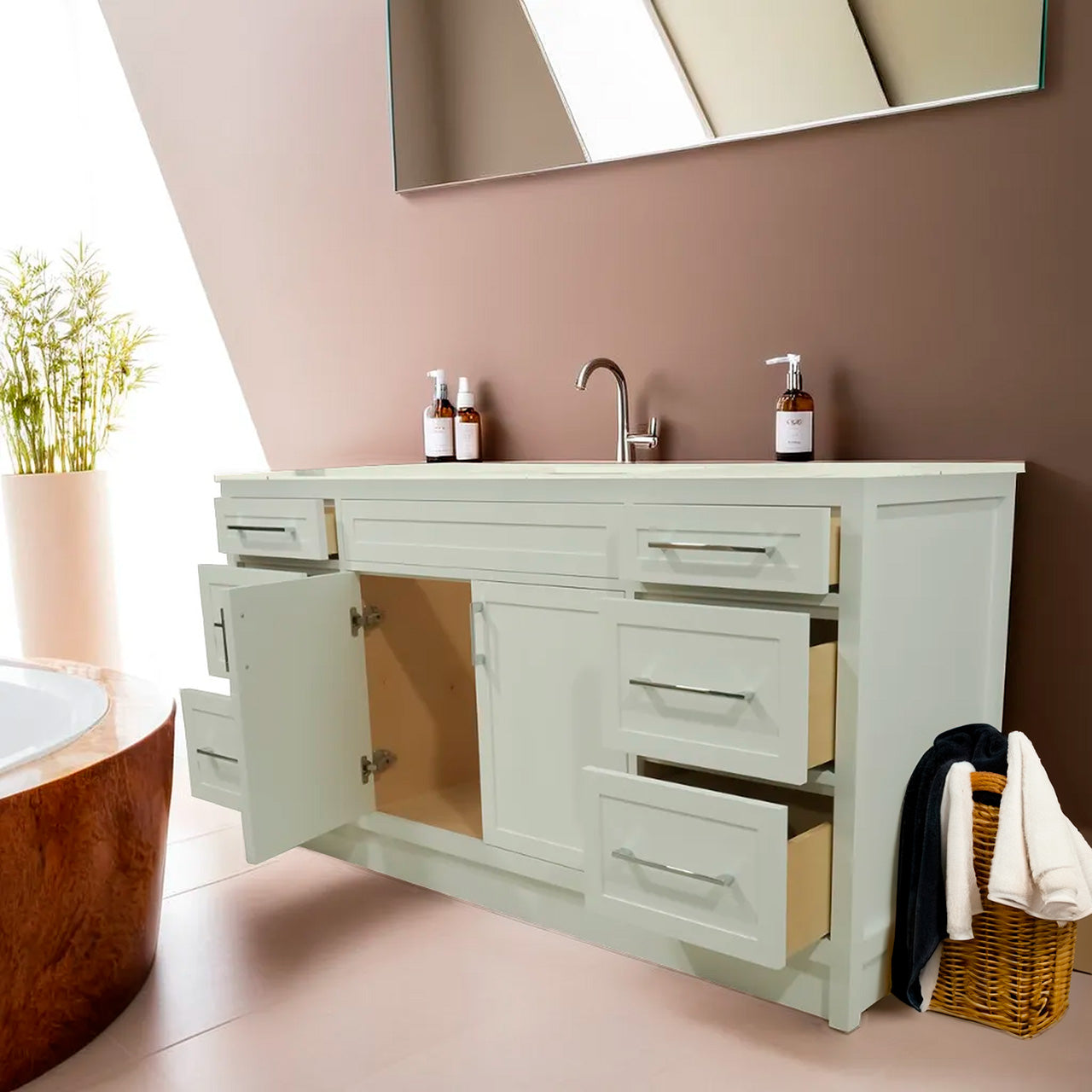 66" white shaker stile vanity with quartz top and sink