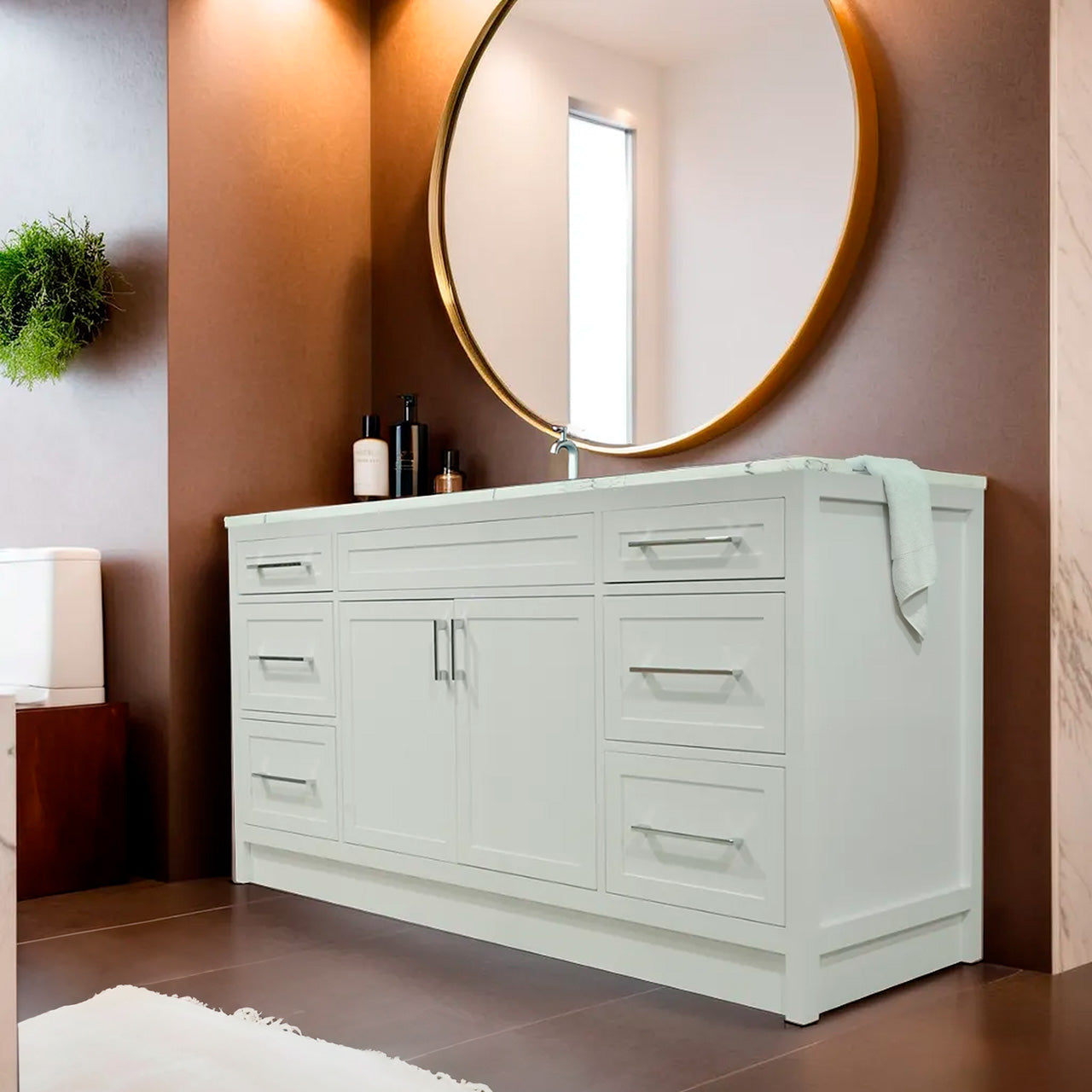 66" white shaker stile vanity with quartz top and sink