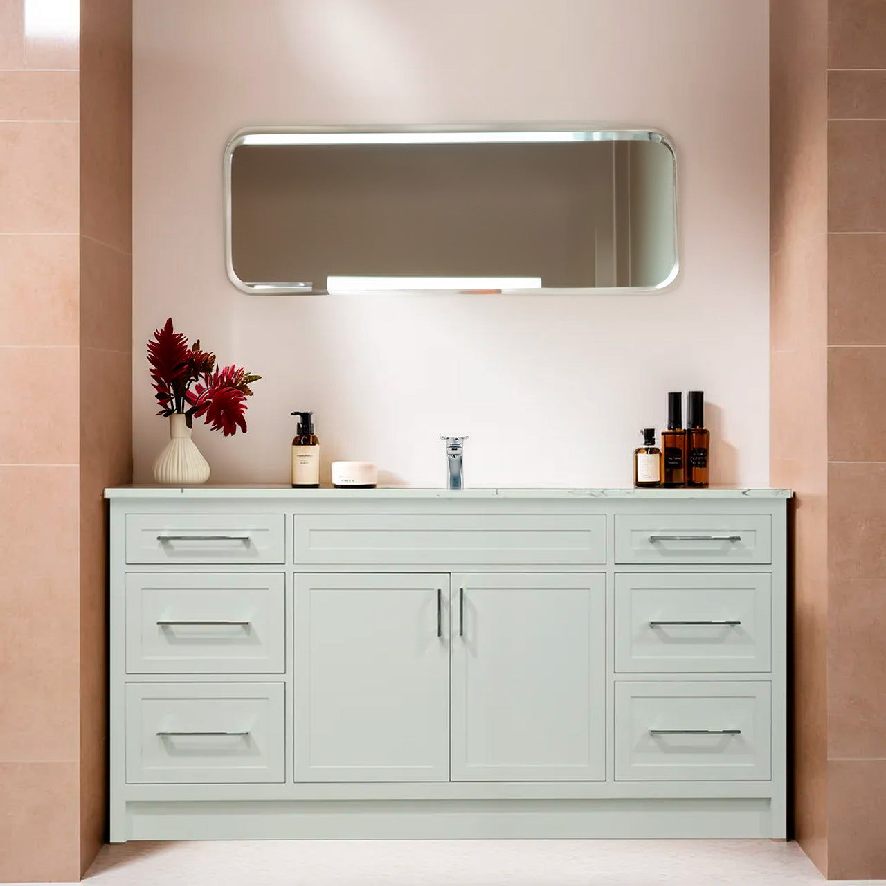 66" white shaker stile vanity with quartz top and sink