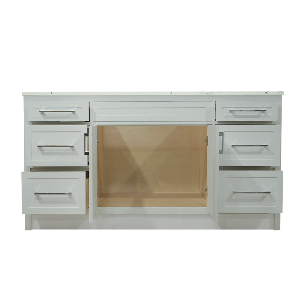 66" white shaker stile vanity with quartz top and sink