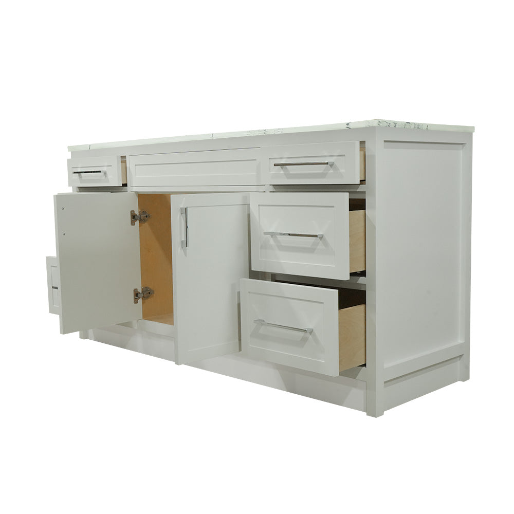 66" white shaker stile vanity with quartz top and sink
