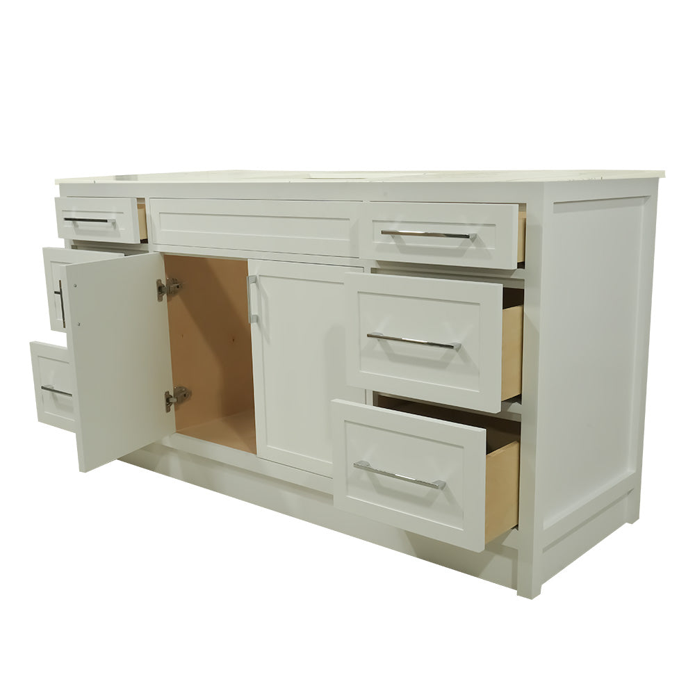 66" white shaker stile vanity with quartz top and sink