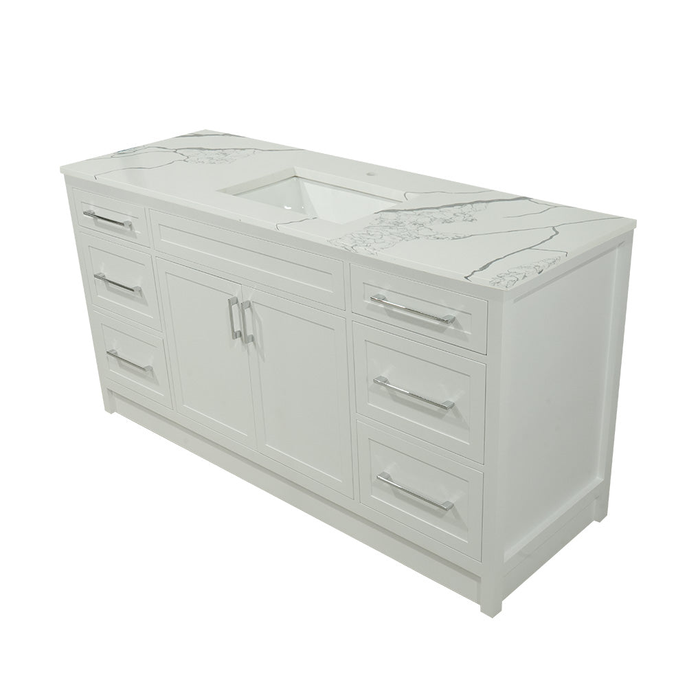 66" white shaker stile vanity with quartz top and sink