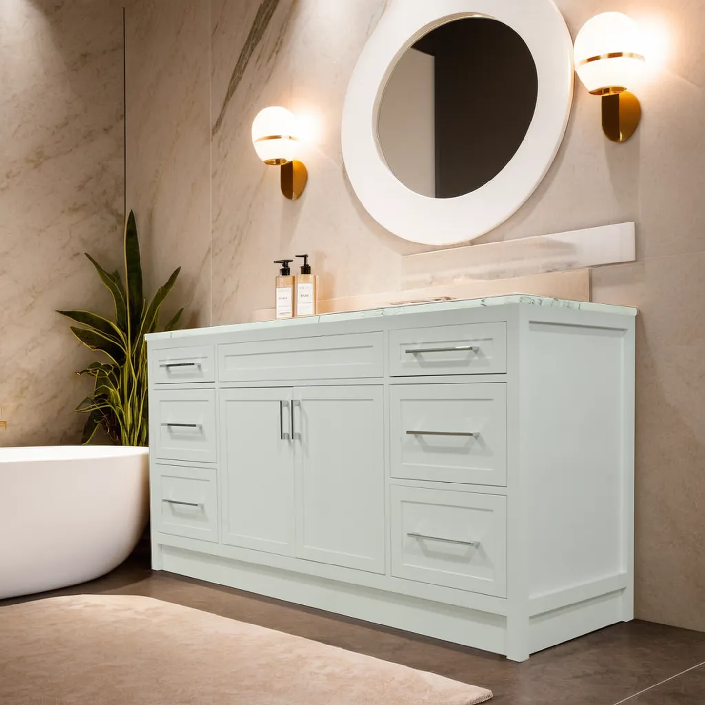 66" white shaker stile vanity with quartz top and sink