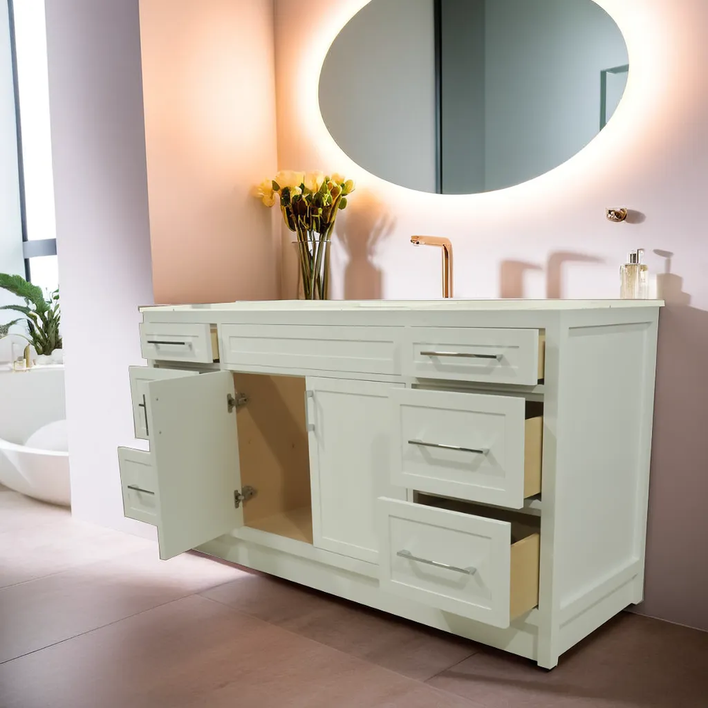 66" white shaker stile vanity with quartz top and sink