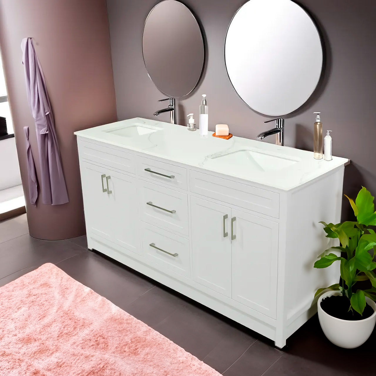 66" White wood vanity with quartz top double sink