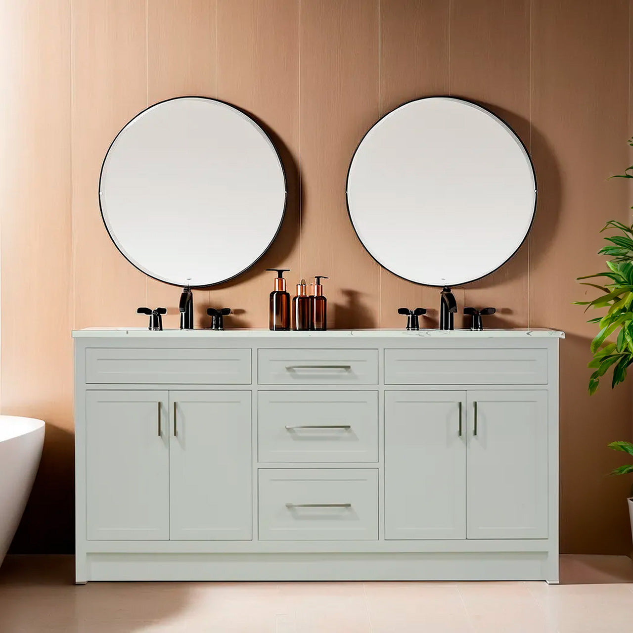66" White wood vanity with quartz top double sink