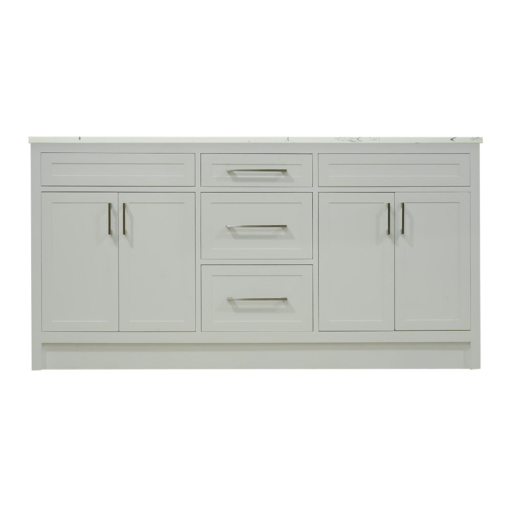66" White wood vanity with quartz top double sink