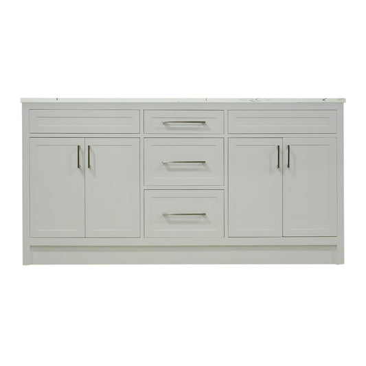 66" White wood vanity with quartz top double sink