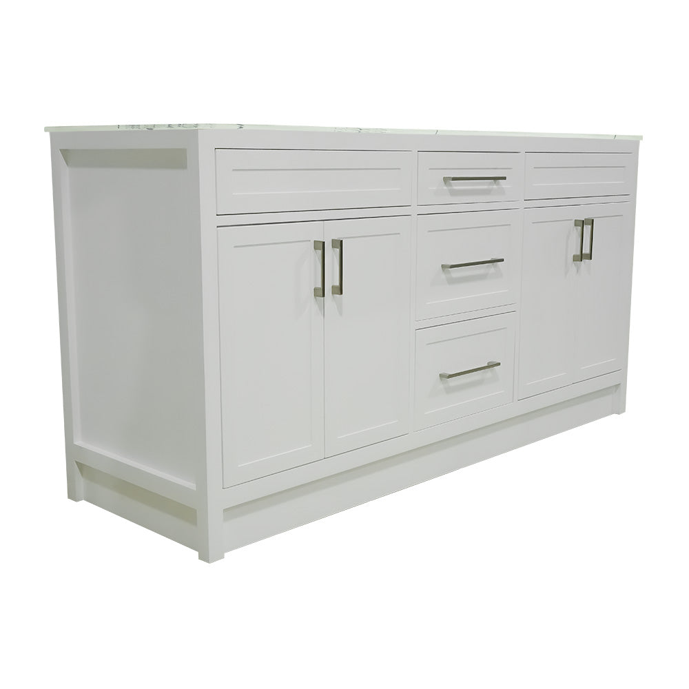 66" White wood vanity with quartz top double sink