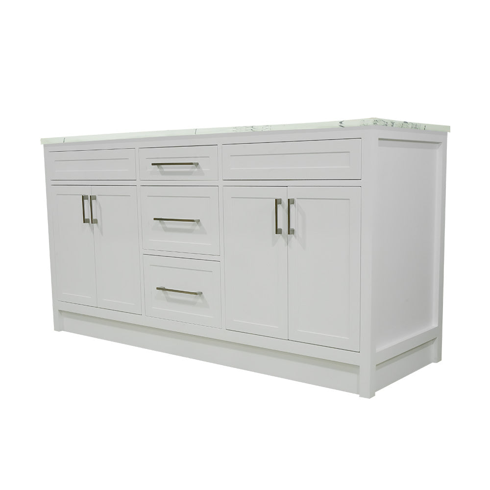 66" White wood vanity with quartz top double sink