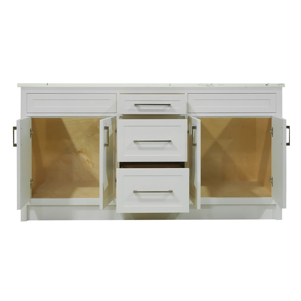 66" White wood vanity with quartz top double sink