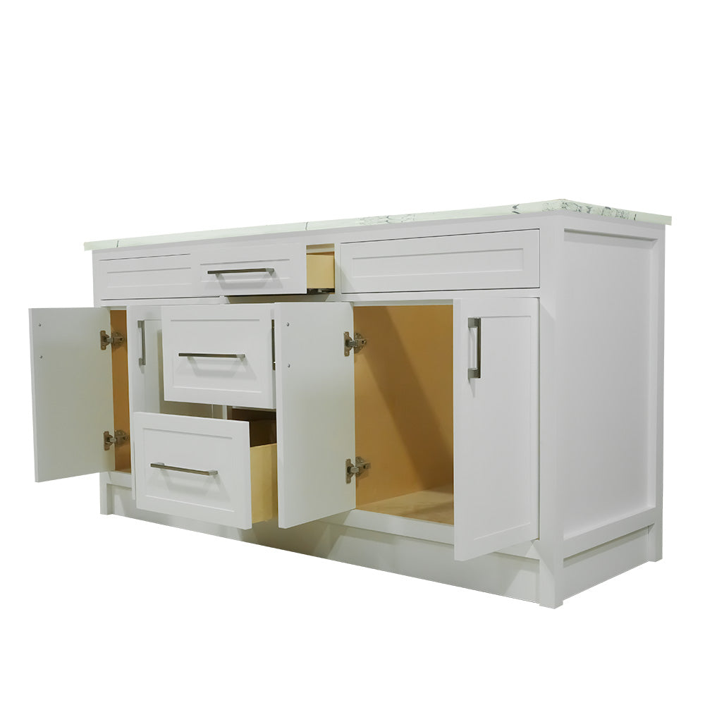 66" White wood vanity with quartz top double sink
