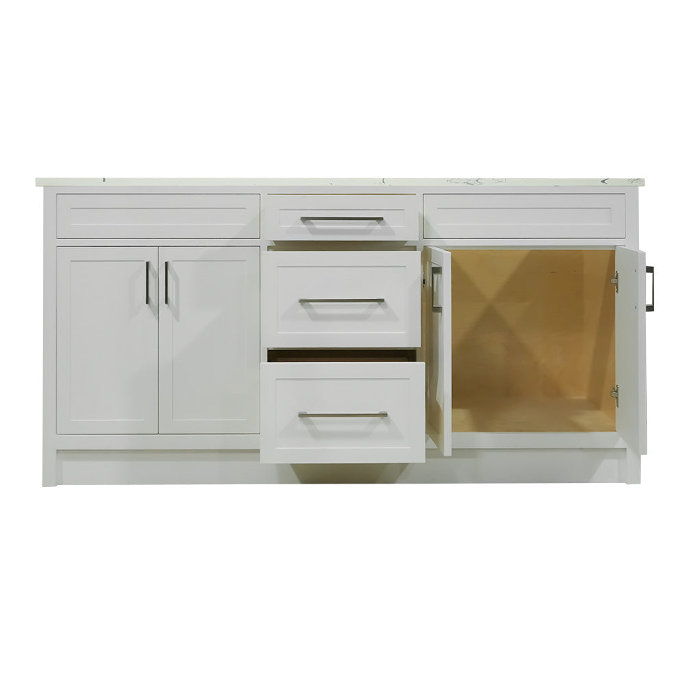 66" White wood vanity with quartz top double sink