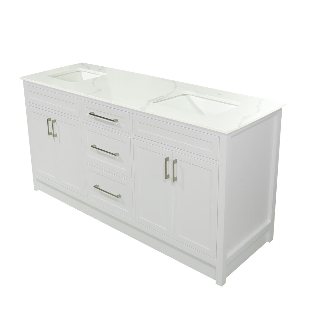 66" White wood vanity with quartz top double sink