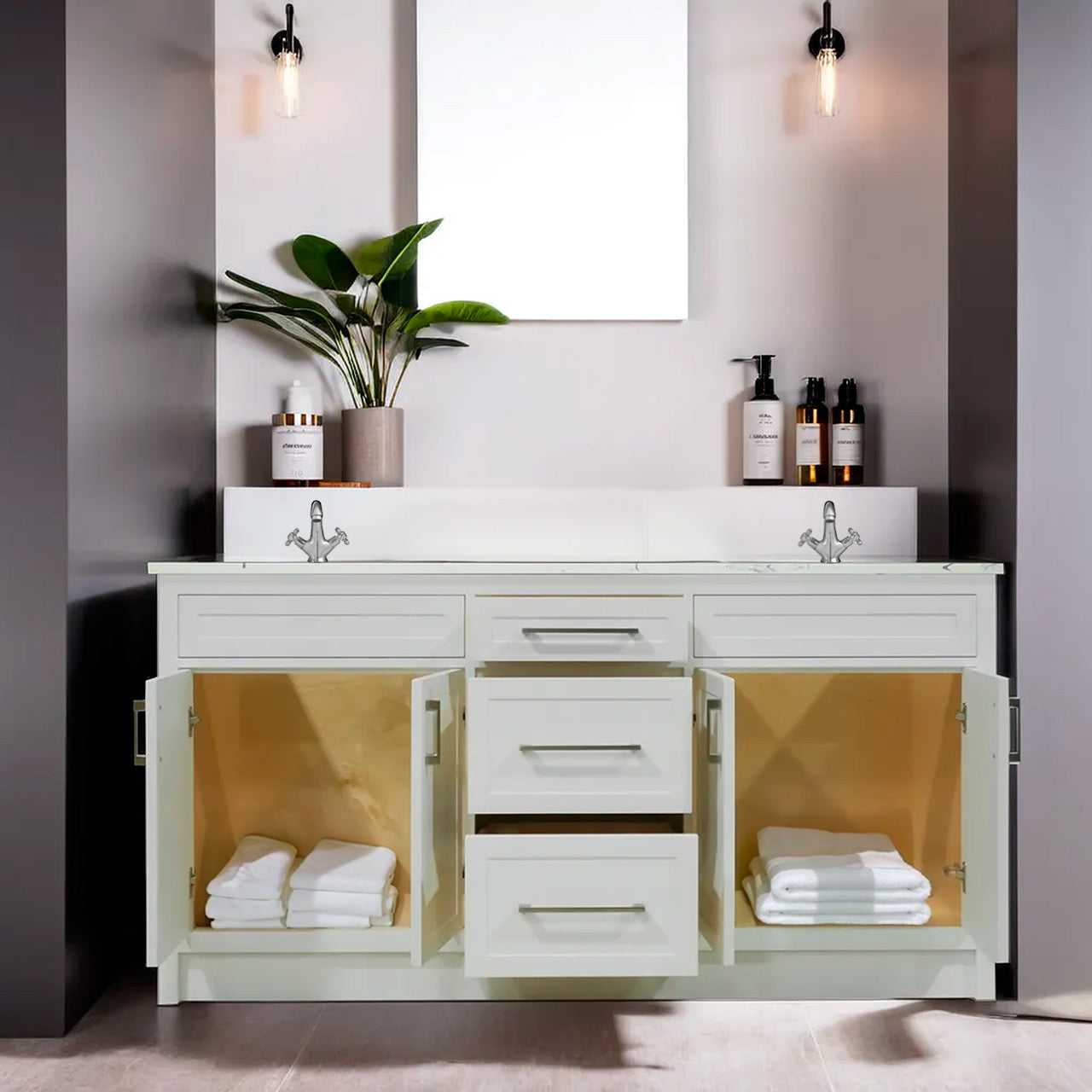 66" White wood vanity with quartz top double sink