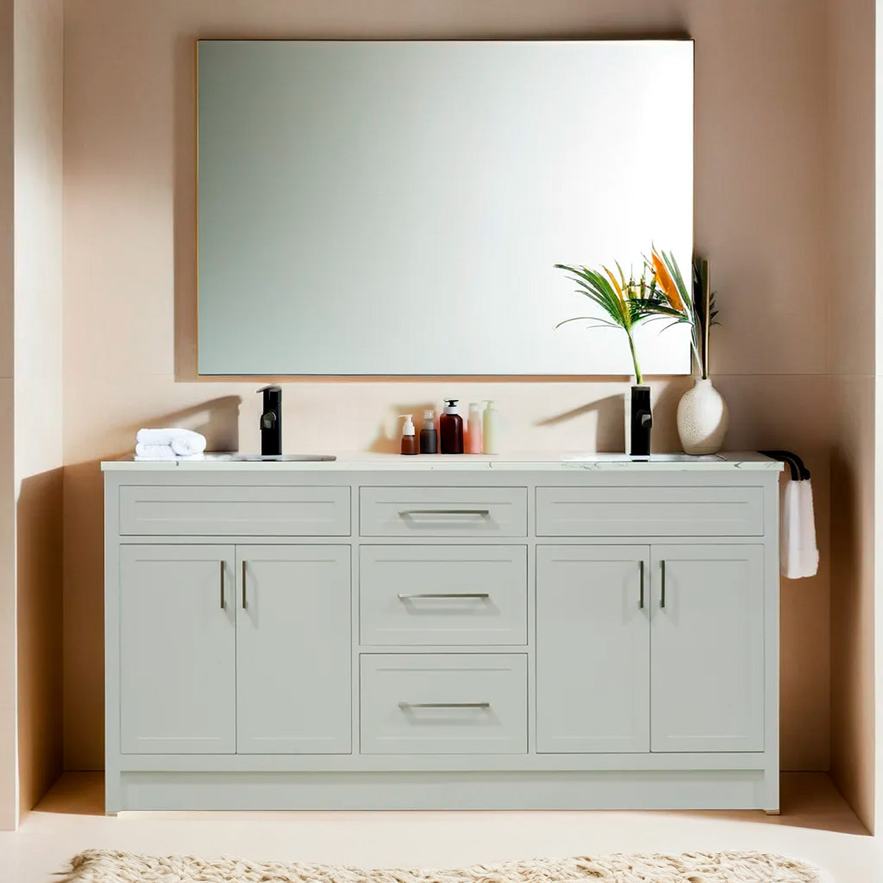 66" White wood vanity with quartz top double sink