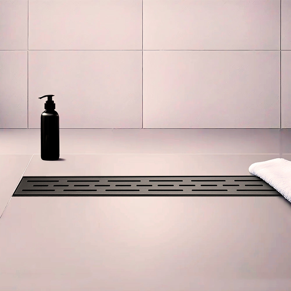 24-inch black linear drain designed for shower floors
