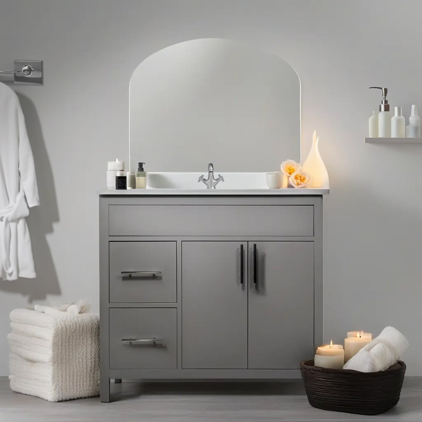 36" Fog Grey Amelia Wood Vanity for Bathroom with Quartz Top and Sink Mirea Style Doors