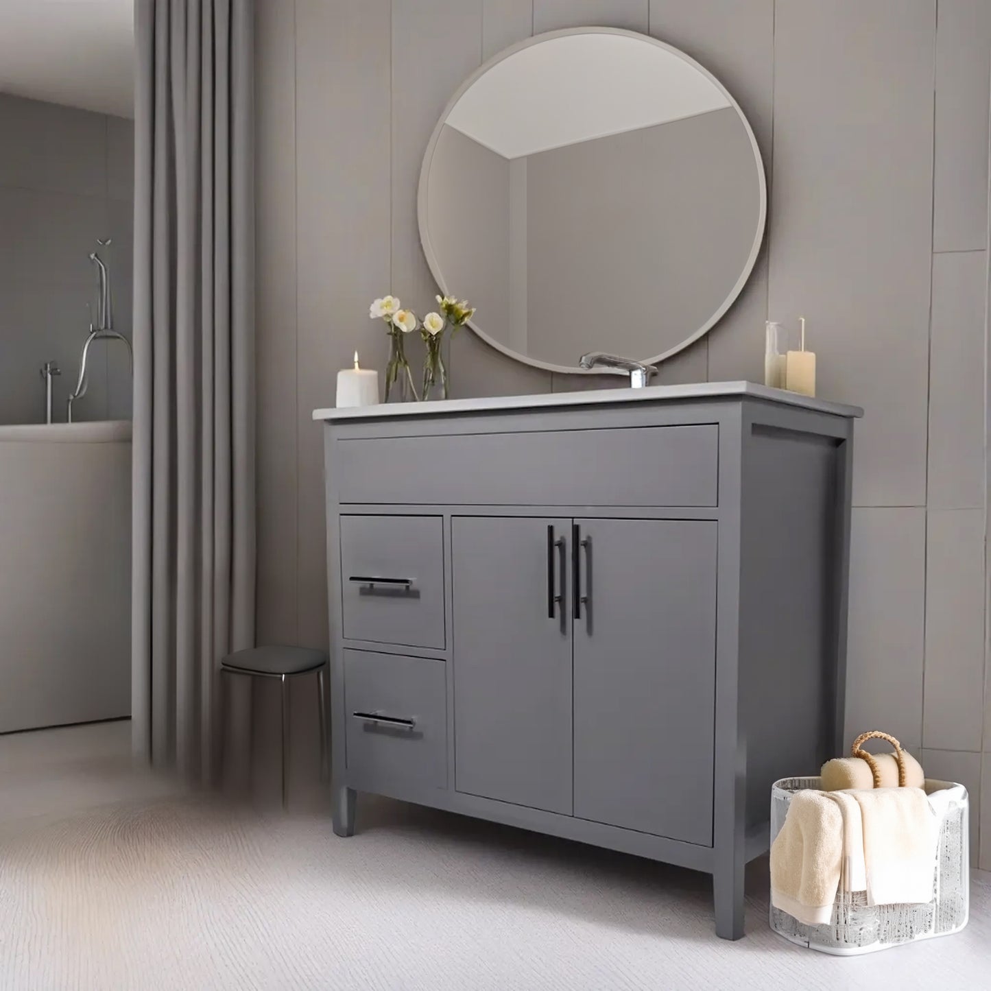 36" Fog Grey Amelia Wood Vanity for Bathroom with Quartz Top and Sink Mirea Style Doors