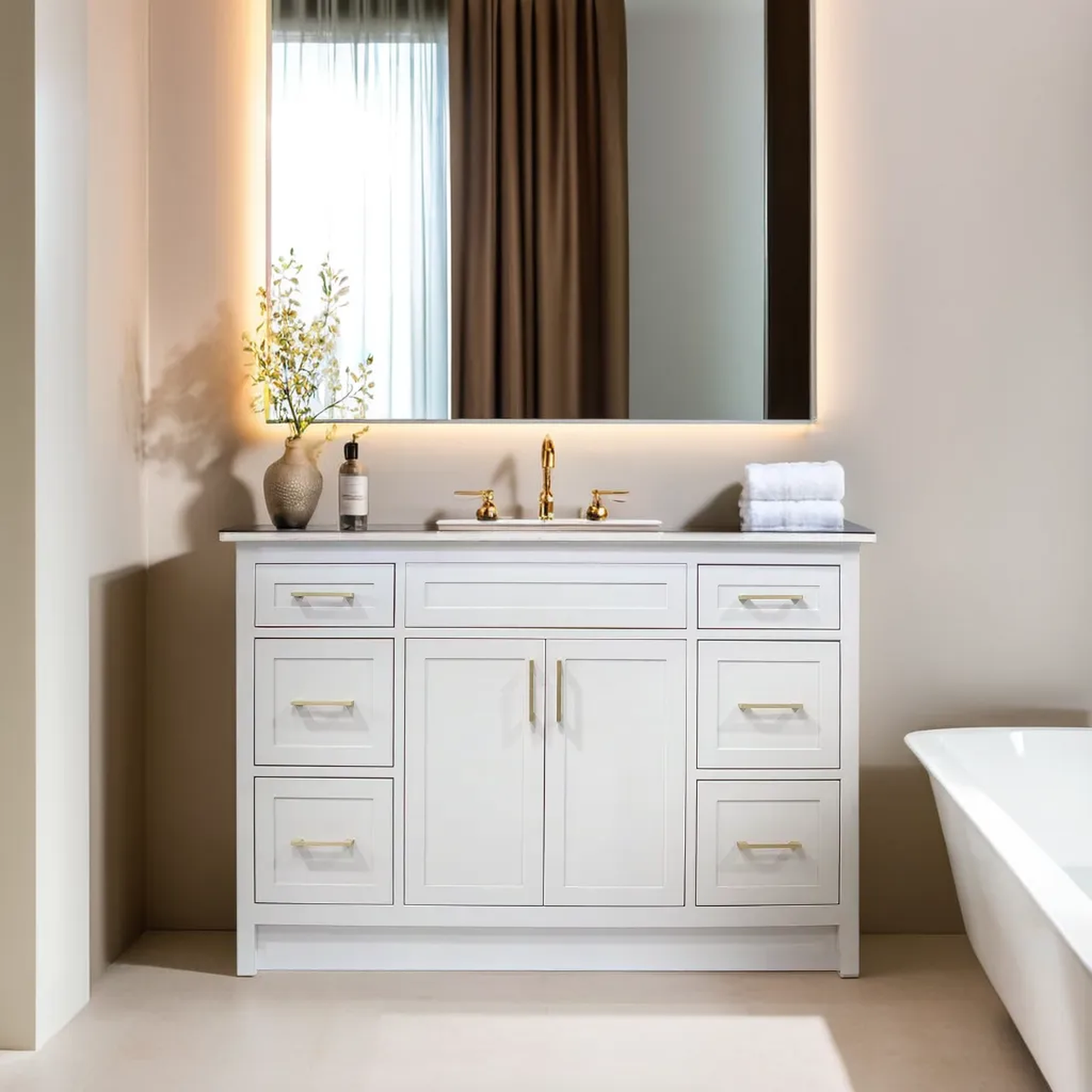 48" cement grey wood vanity with quartz top single sink