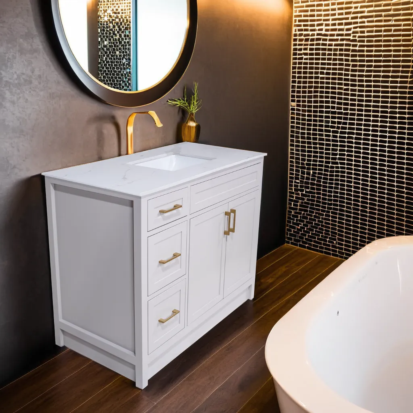 48" cement grey wood vanity with quartz top single sink