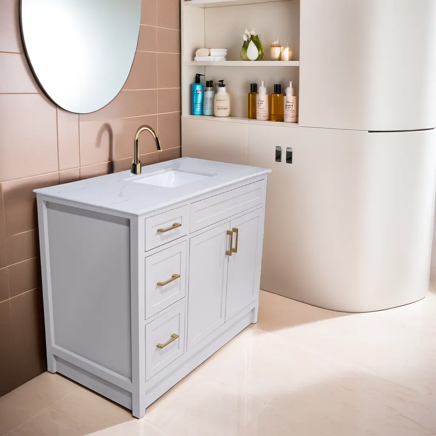 42" Cement Grey Wood Vanity With Quartz Top Canada Made