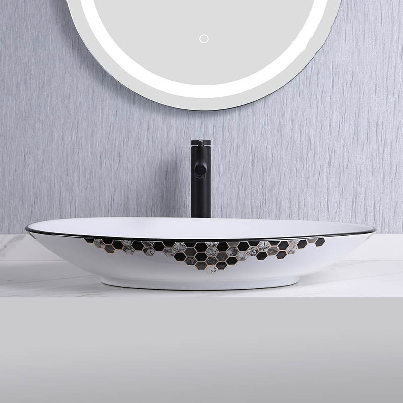 Lavabo blanc de grande taille avec impression hexagonale pour dessus de meuble de salle de bain 571PT