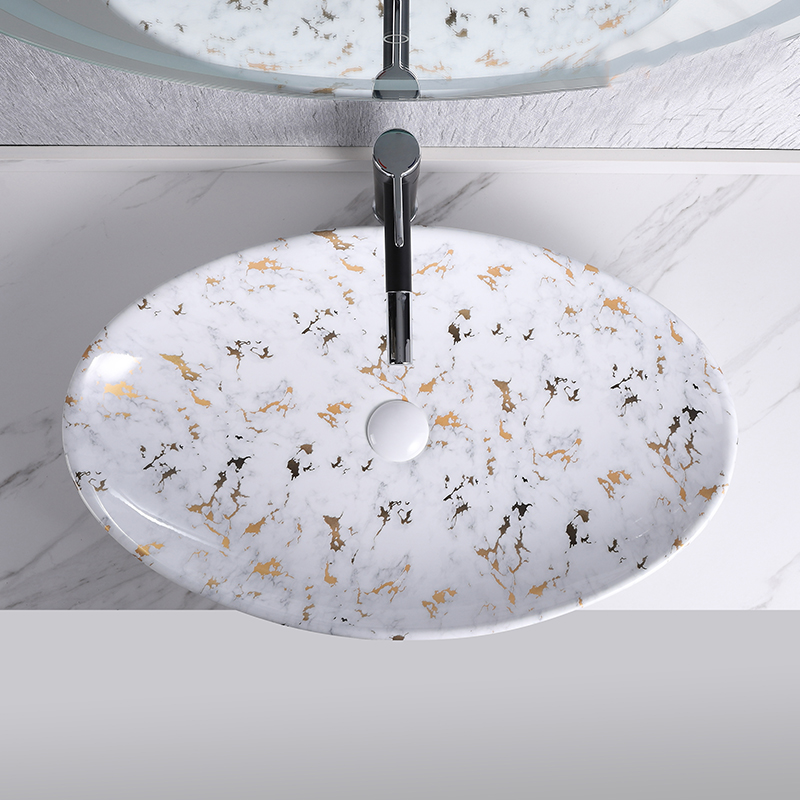 lavabo sur plan en céramique avec imprimé doré pour vanité de salle de bain 571SS
