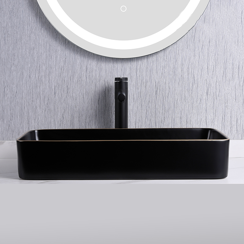 Black top mounted basin sink with gold ring 8414BB