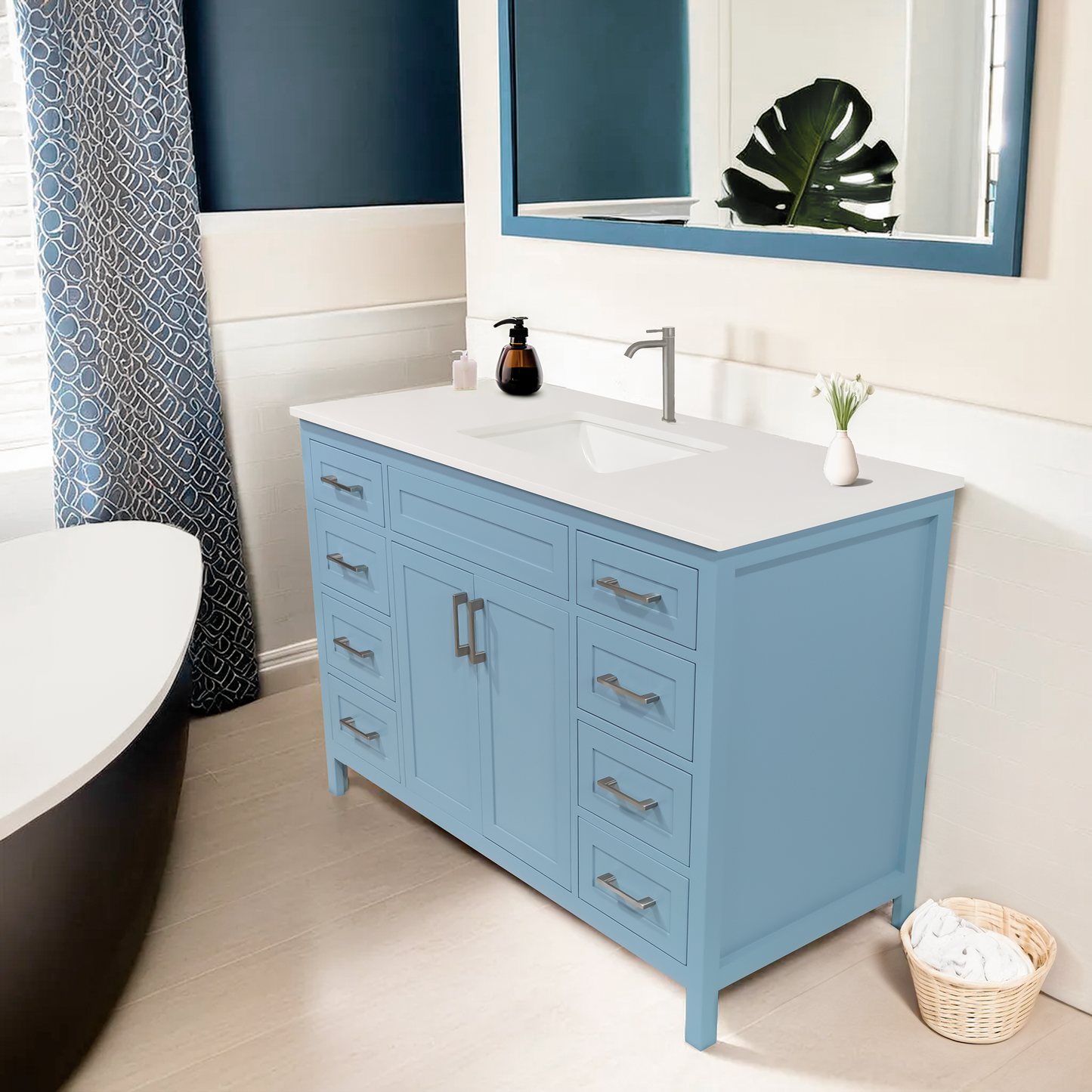 Knit blue 8 drawer solid wood vanity with quartz top