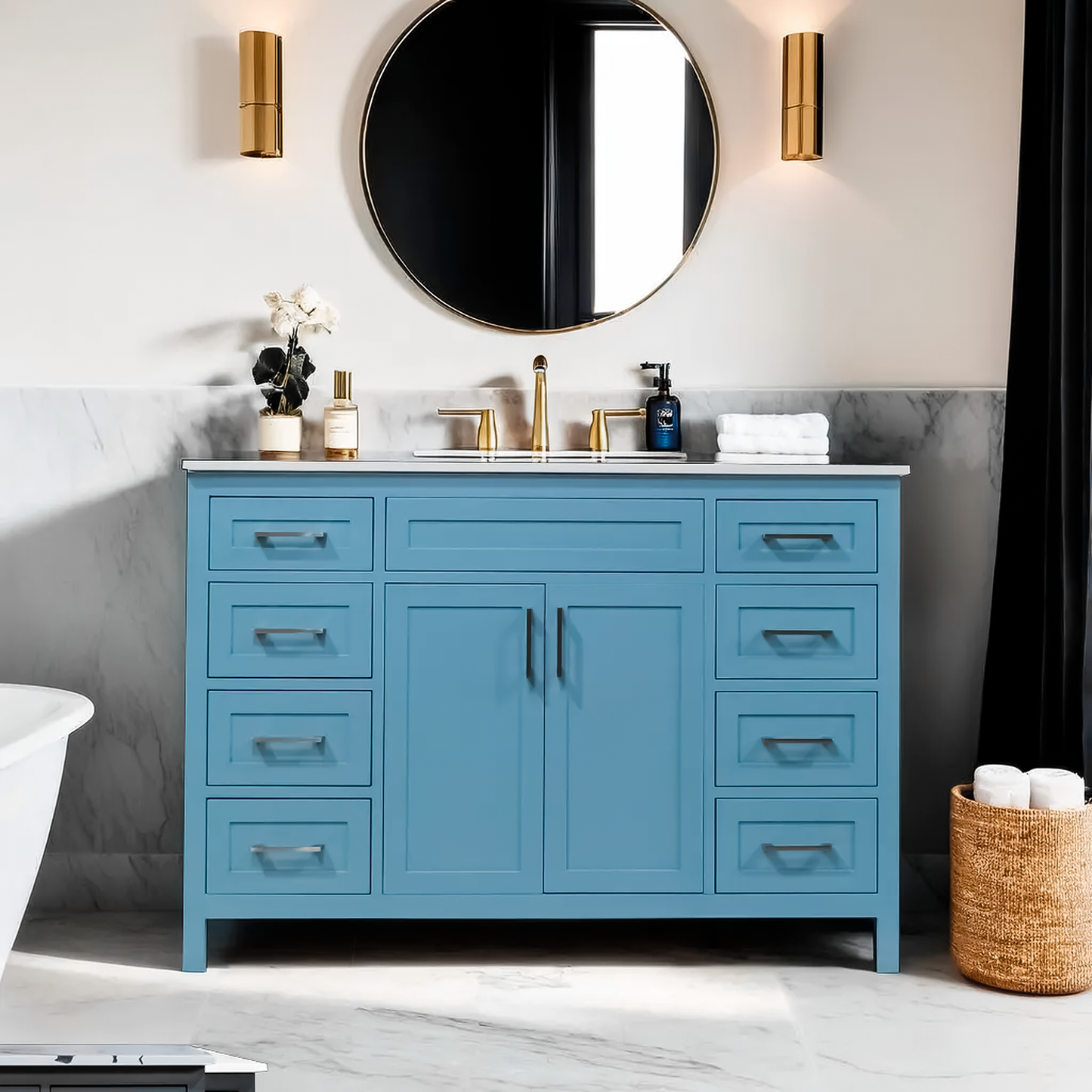 Knit blue 8 drawer solid wood vanity with quartz top