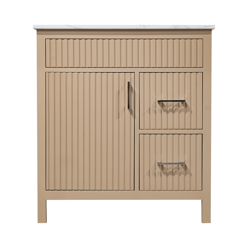 Beige fluted style wood vanity for bathroom with quartz top