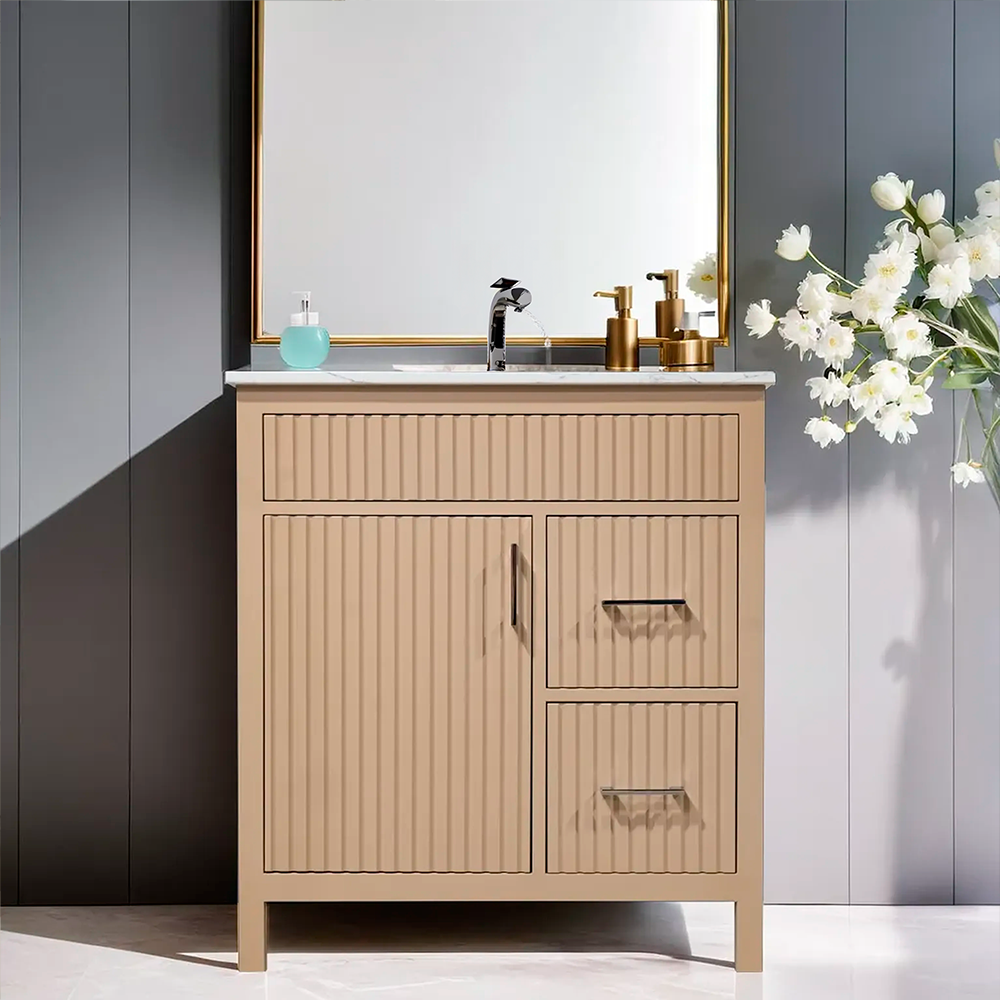 Beige fluted style wood vanity for bathroom with quartz top