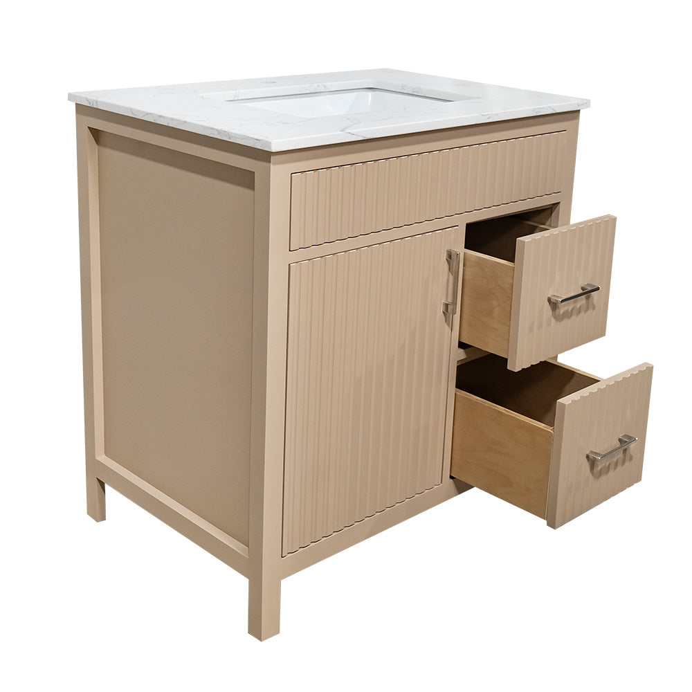 Beige fluted style wood vanity for bathroom with quartz top