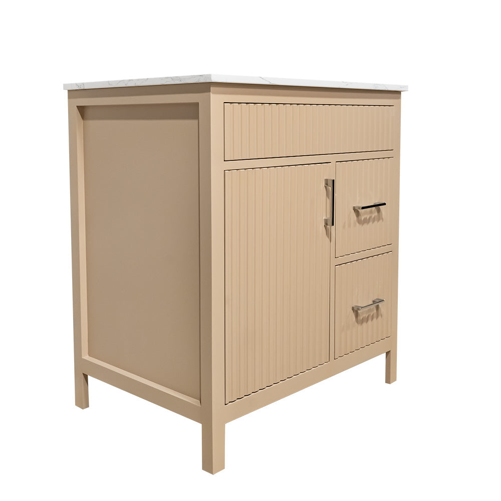 Beige fluted style wood vanity for bathroom with quartz top