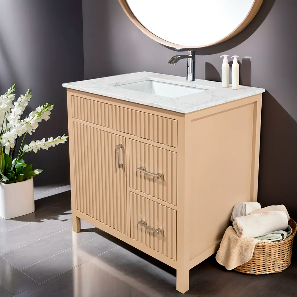 Beige fluted style wood vanity for bathroom with quartz top