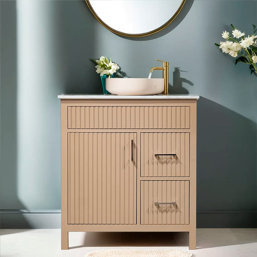 Beige fluted style wood vanity for bathroom with quartz top