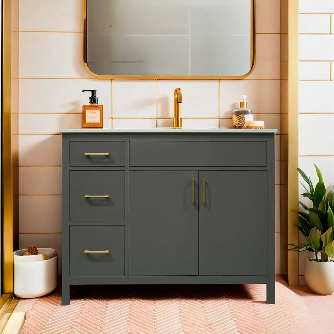 42" wood vanity Amherst gray  2 doors 3 drawers on left