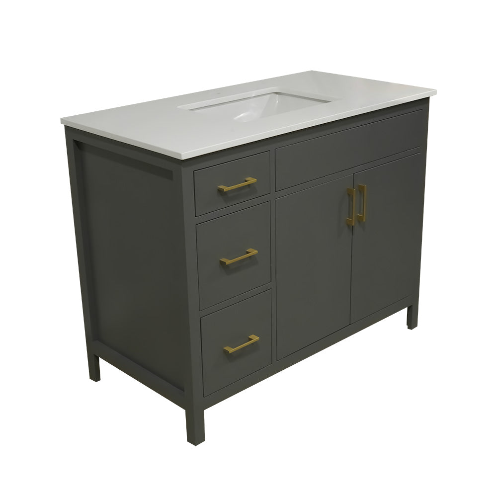 42" wood vanity Amherst gray  2 doors 3 drawers on left