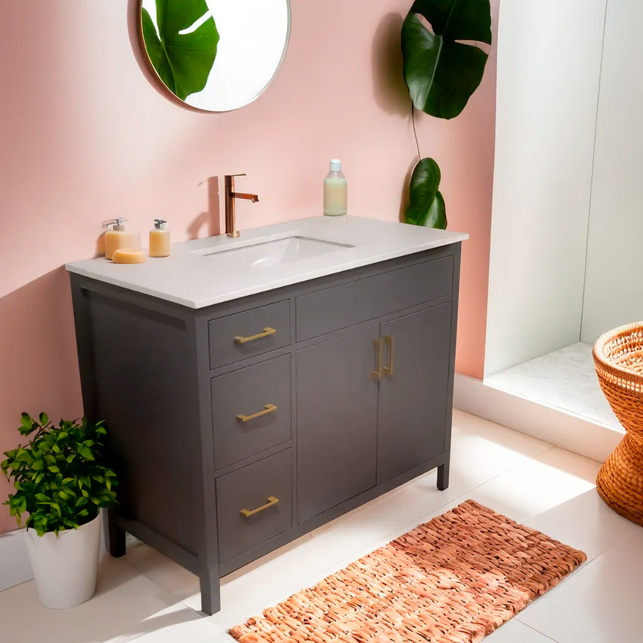 42" wood vanity Amherst gray  2 doors 3 drawers on left