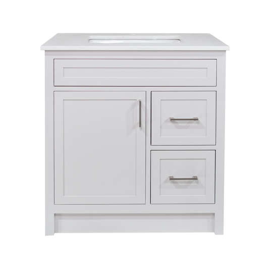 30" wood vanity in cement grey shaker style with quartz top