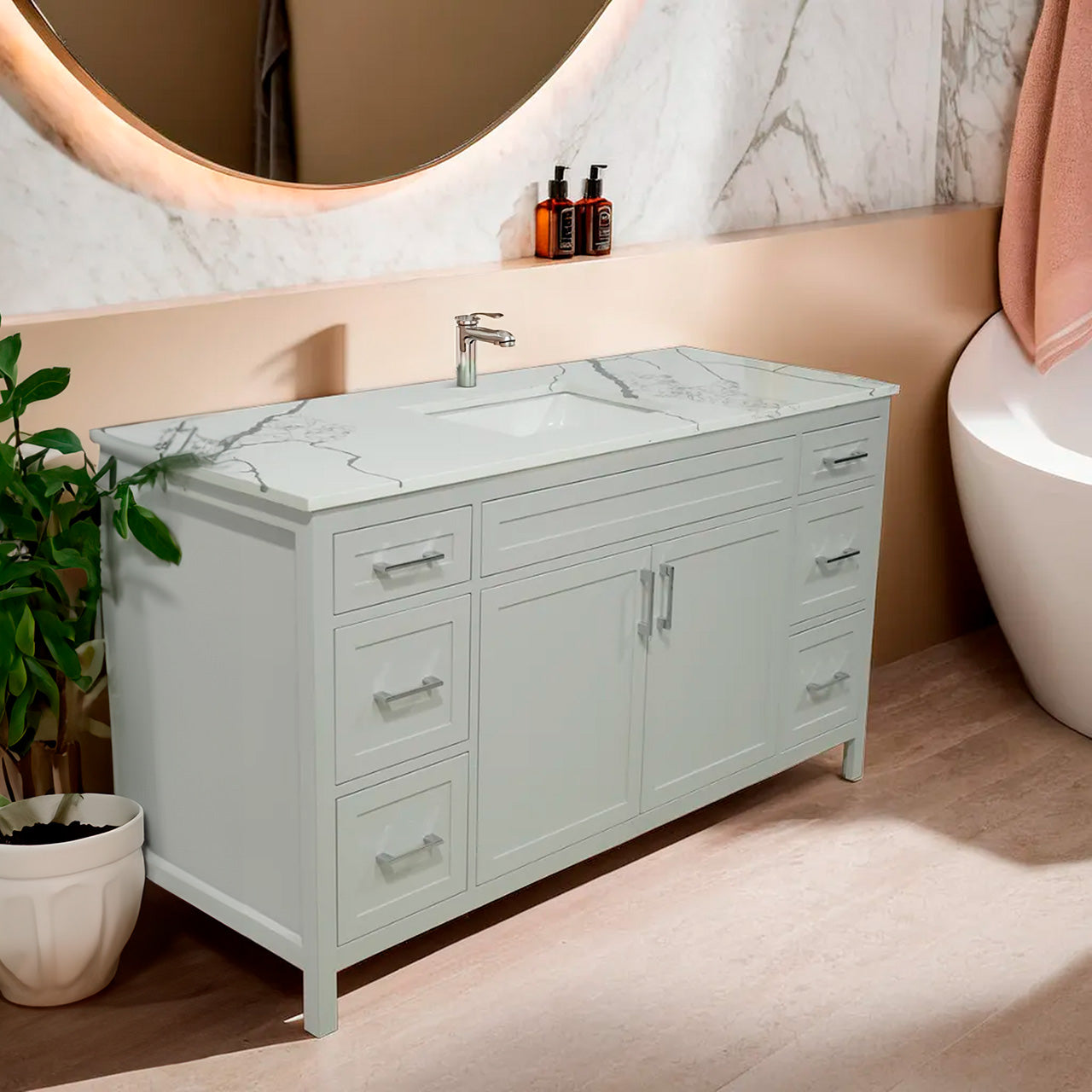 60" wood vanity  single sink  shaker stile in cement gray and quartz top