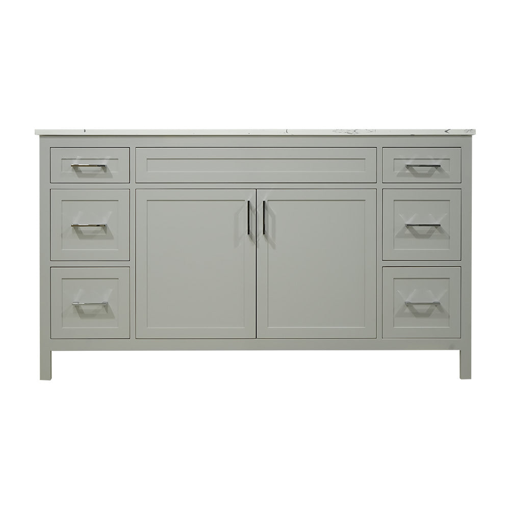 60" wood vanity  single sink  shaker stile in cement gray and quartz top