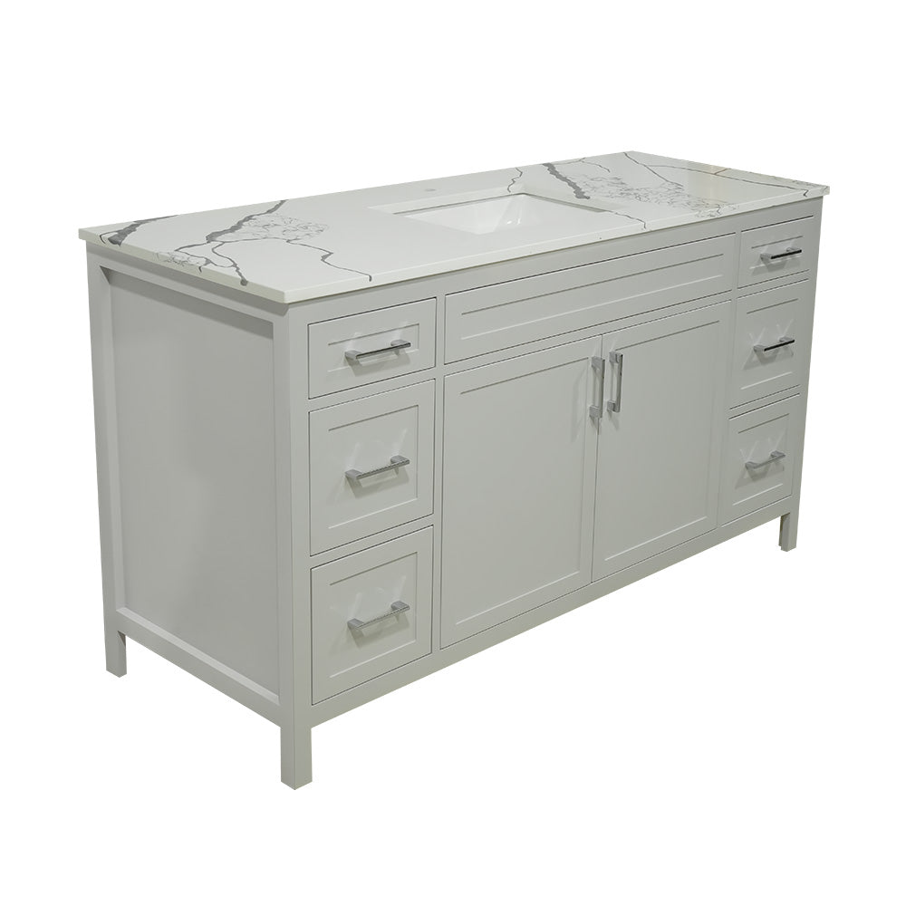 60" wood vanity  single sink  shaker stile in cement gray and quartz top